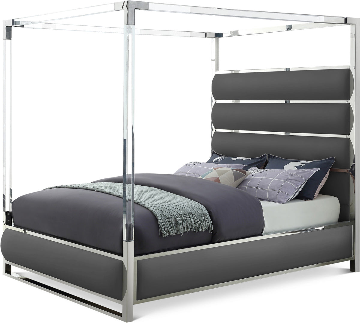 BRUNA Gray Leatherette & Acrylic Canopy Bed