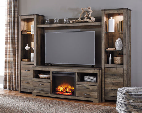 BENNI Rustic Brown 105" Wide 4 Piece Wall Unit With Fireplace