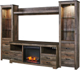 BENNI Rustic Brown 105" Wide 4 Piece Wall Unit With Fireplace