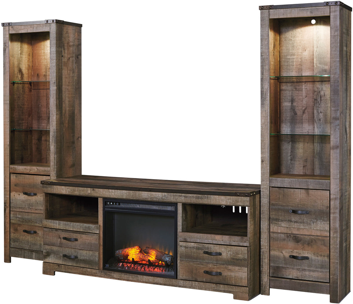 BENNI Rustic Brown 105" Wide 3 Piece Wall Unit with Fireplace