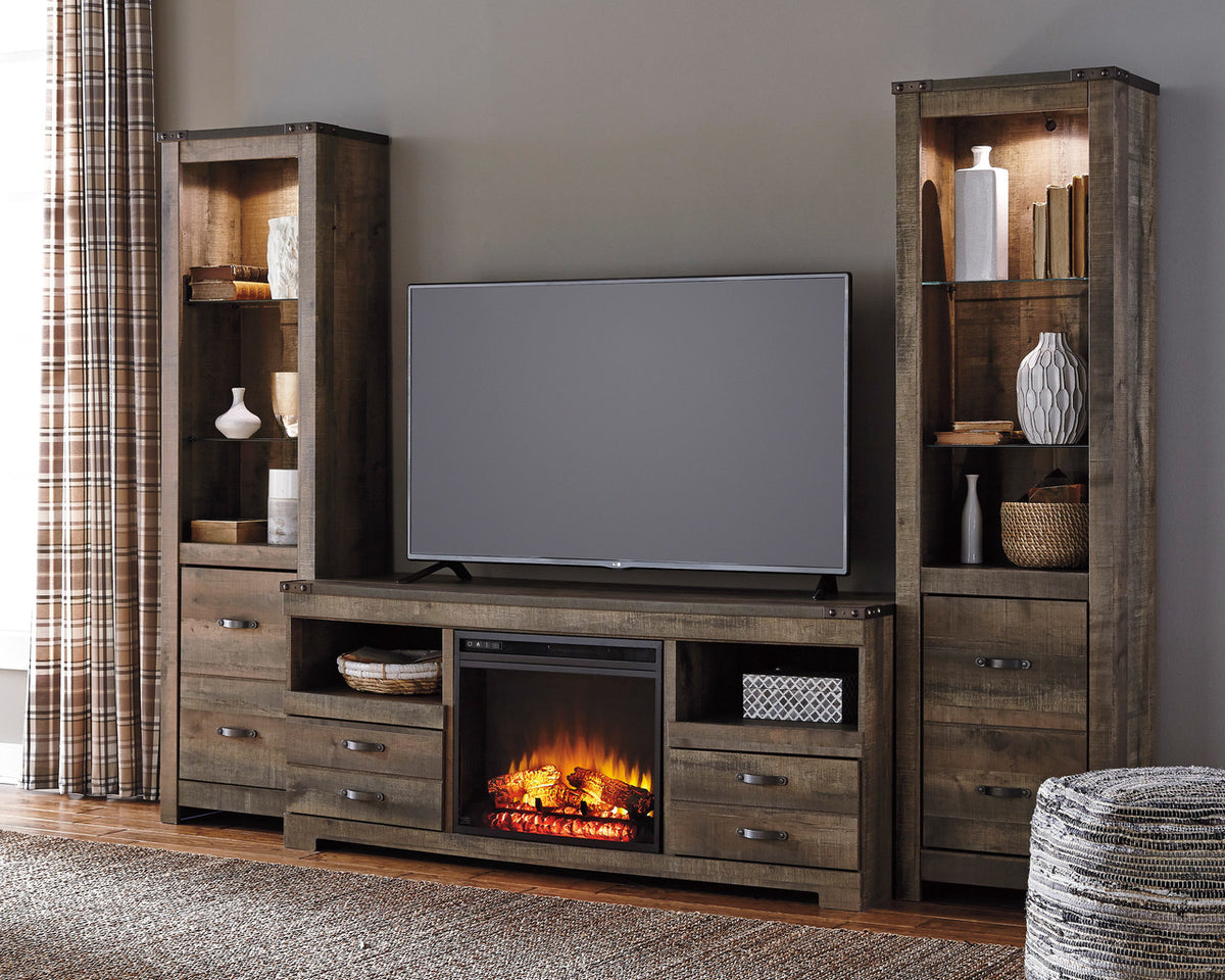 BENNI Rustic Brown 105" Wide 3 Piece Wall Unit with Fireplace