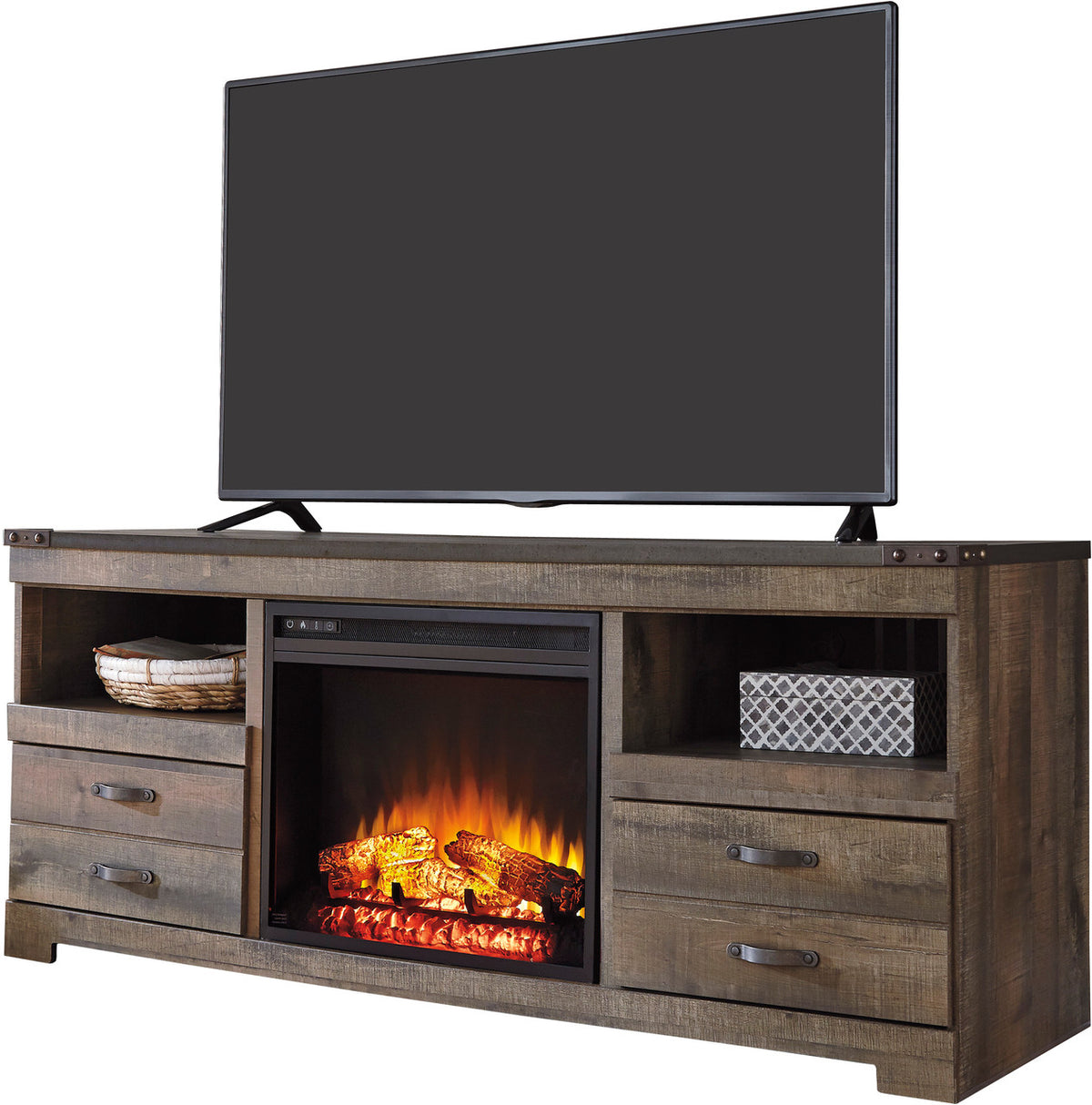 BENNI Rustic Brown 63" Wide TV Stand with Fireplace