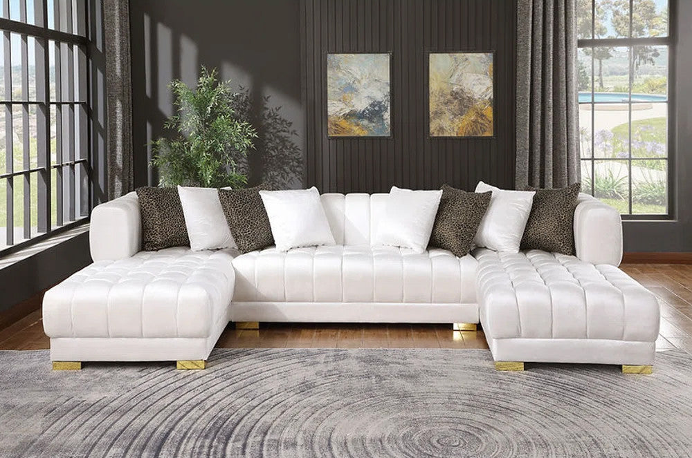 CAPRERA  White Velvet 130" Wide Double Chaise Sectional