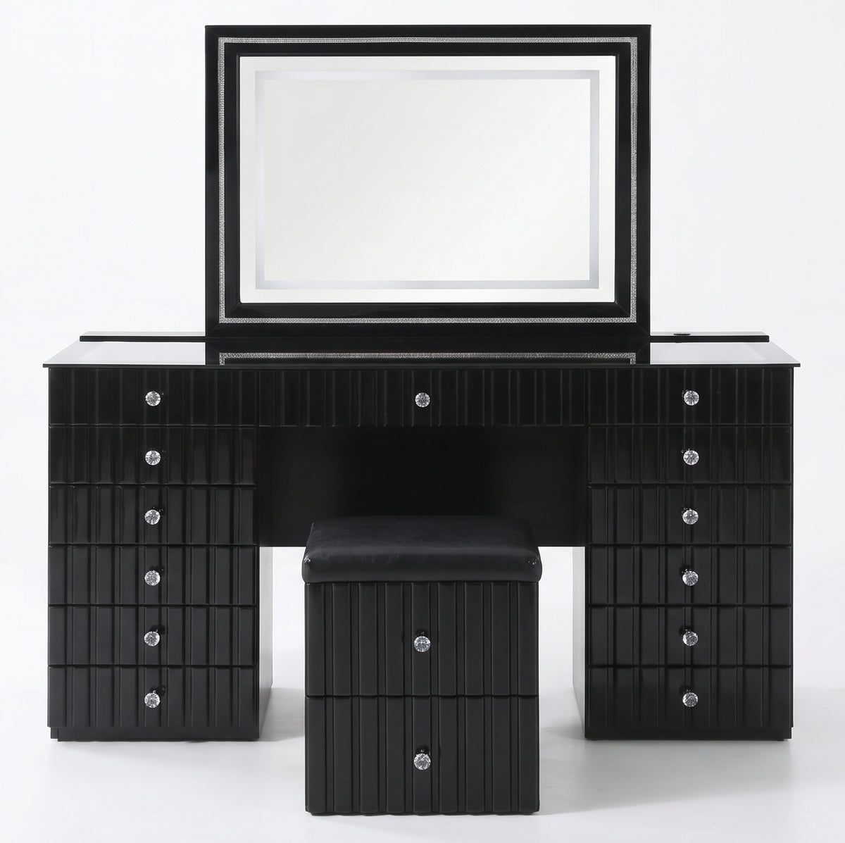 CASSIUS Glossy Black & Gold 57" Wide Vanity with Bluetooth Speakers