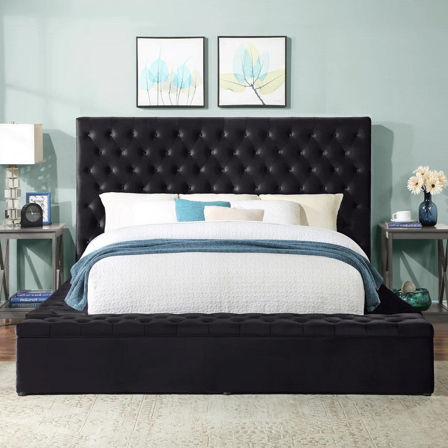 CERENE Black Velvet 61" Height Platform Bed with Storage Benches