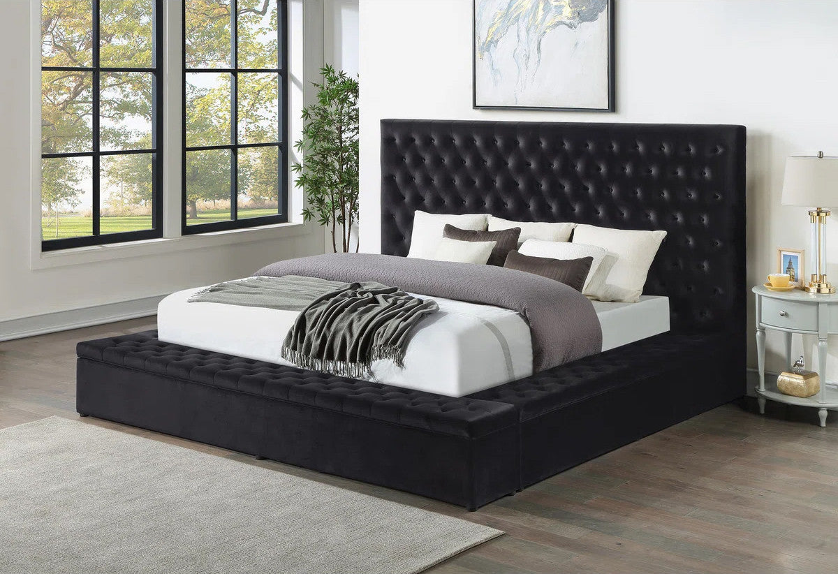 CERENE Black Velvet 61" Height Platform Bed with Storage Benches