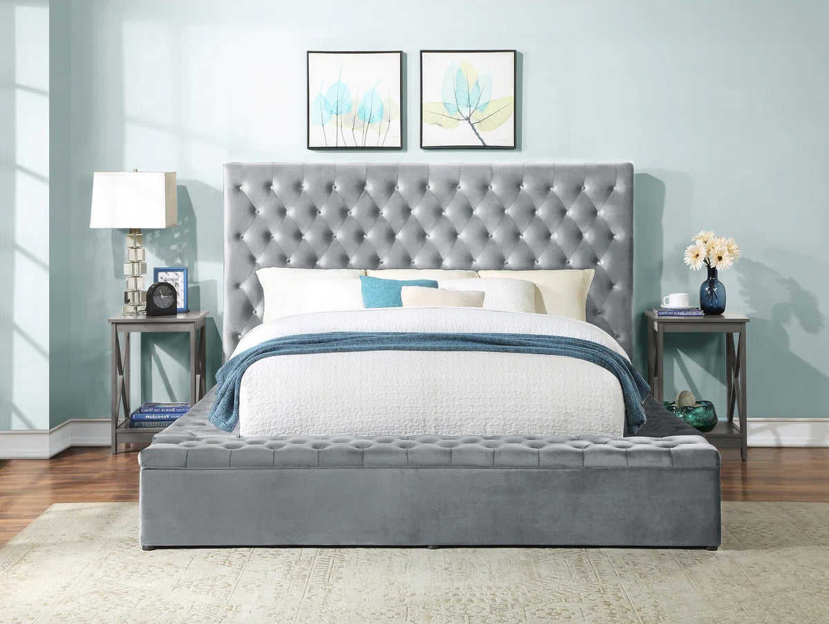 CERENE Gray Velvet 61" Height Platform Bed with Storage Benches
