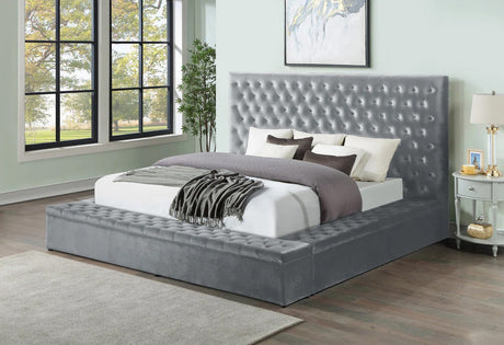 CERENE Gray Velvet 61" Height Platform Bed with Storage Benches