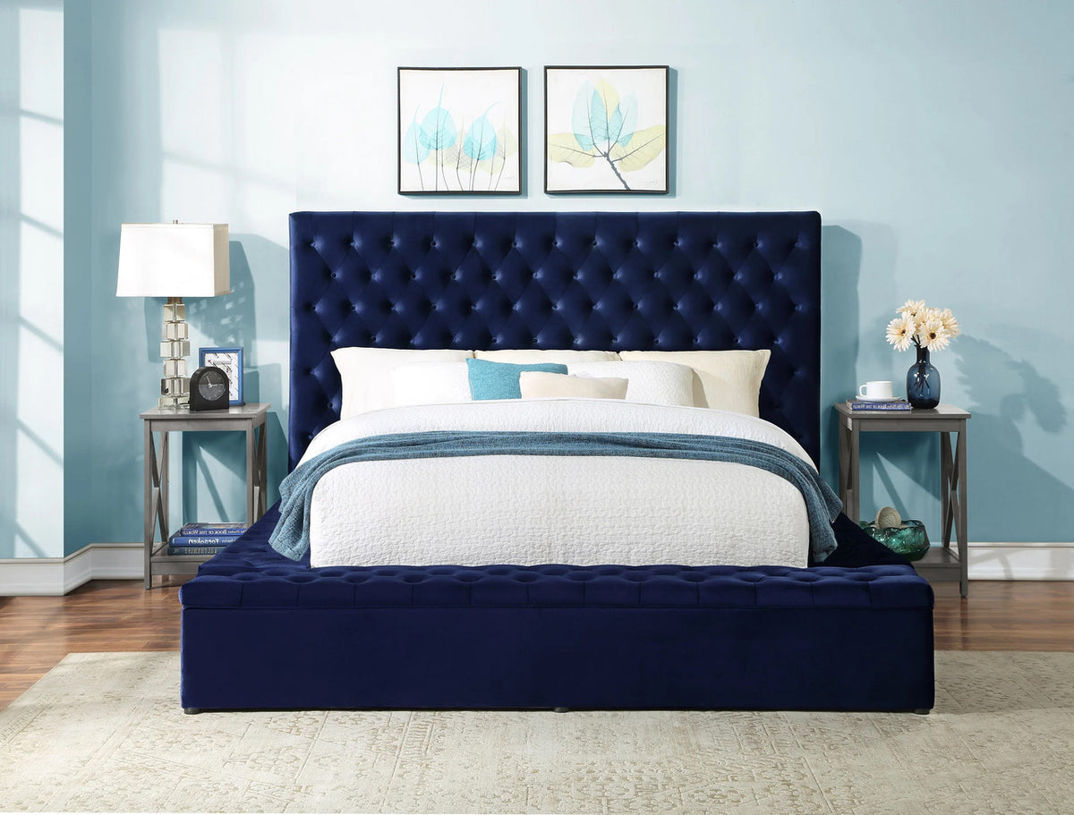 CERENE Blue Velvet 61" Height Platform Bed with Storage Benches