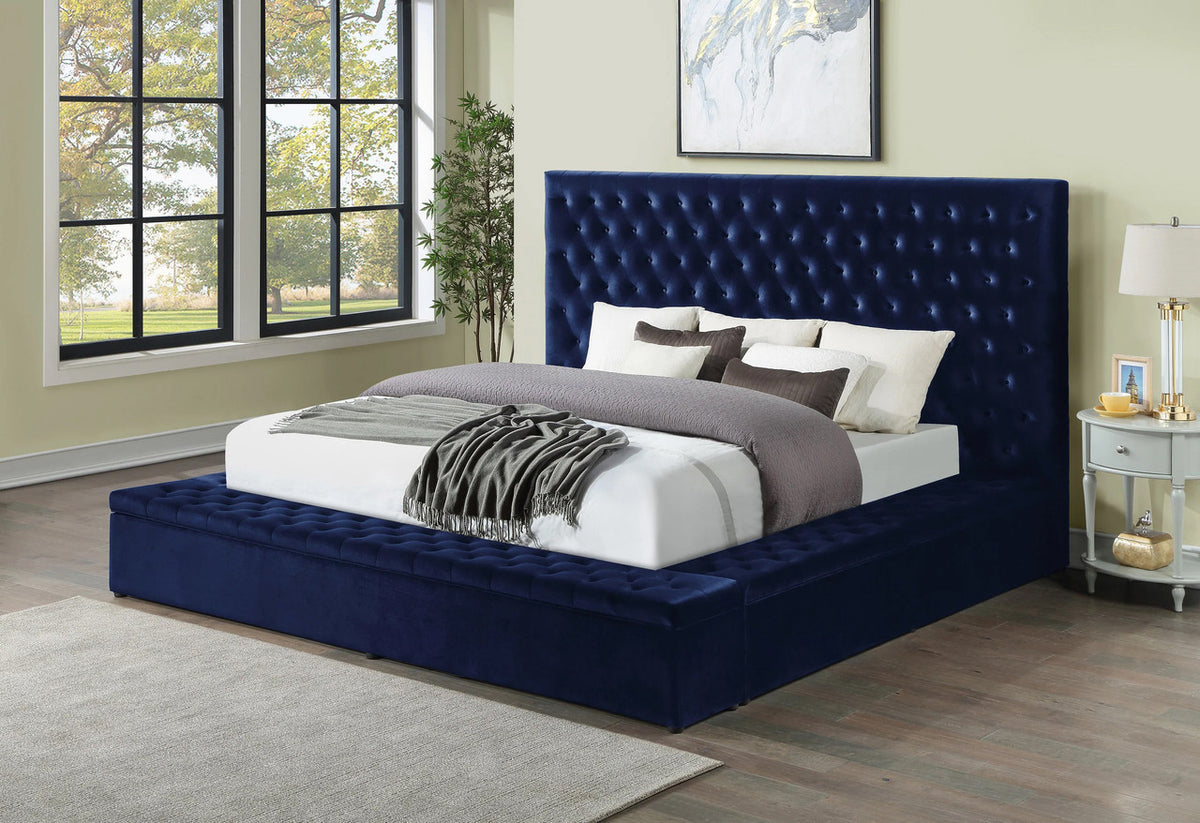CERENE Blue Velvet 61" Height Platform Bed with Storage Benches