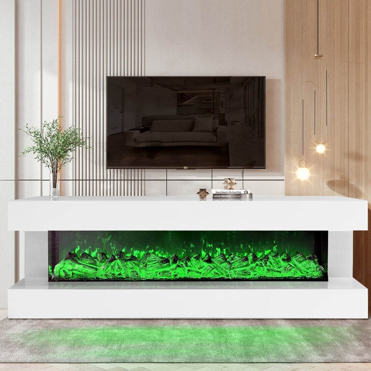 CEYLIN White 71" Wide x 25" Height TV Stand with Fireplace & Bluetooth Speakers