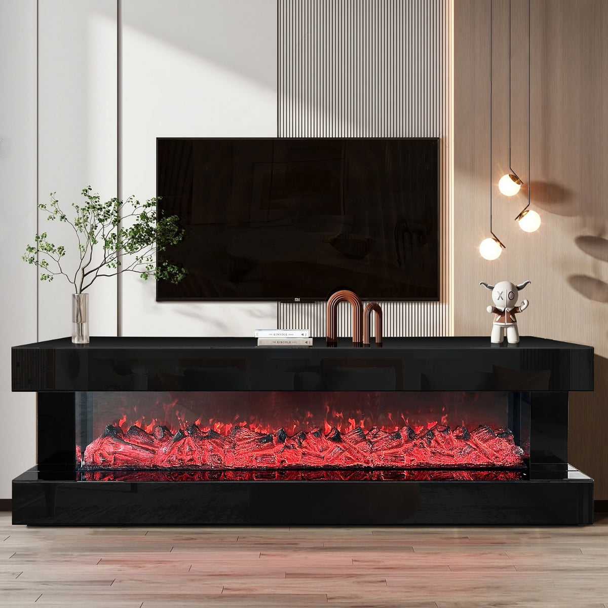CEYLIN Black 71" Wide x 25" Height TV Stand with Fireplace & Bluetooth Speakers