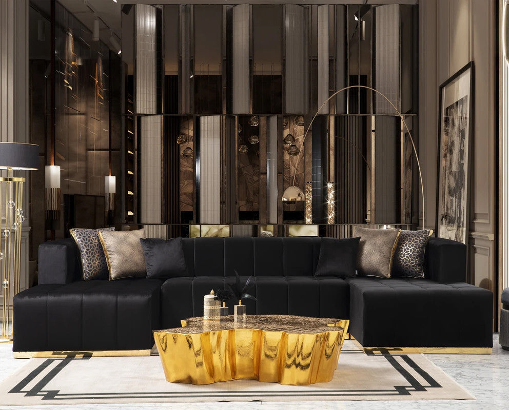 CLEMENCE Black Velvet 138" Wide Double Chaise Sectional