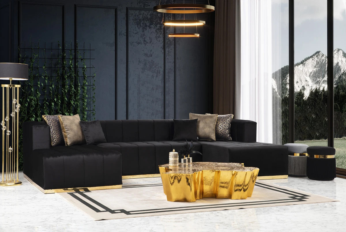 CLEMENCE Black Velvet 138" Wide Double Chaise Sectional