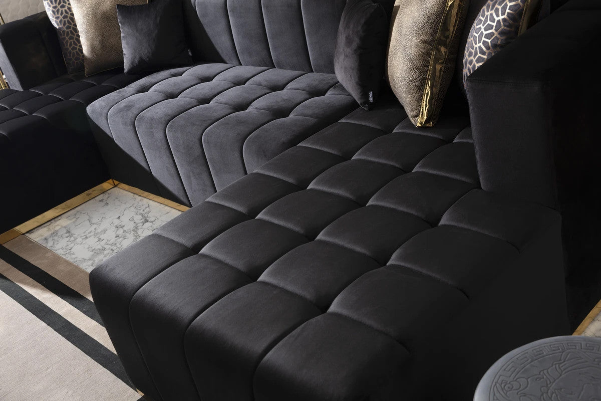 CLEMENCE Black Velvet 138" Wide Double Chaise Sectional