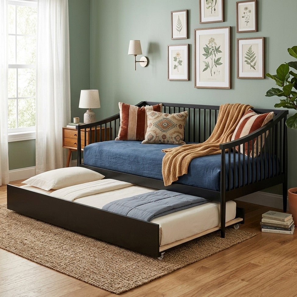 CONALLY Black Wood 81" Wide x 40" Height Daybed with Trundle