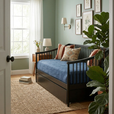 CONALLY Black Wood 81" Wide x 40" Height Daybed with Trundle