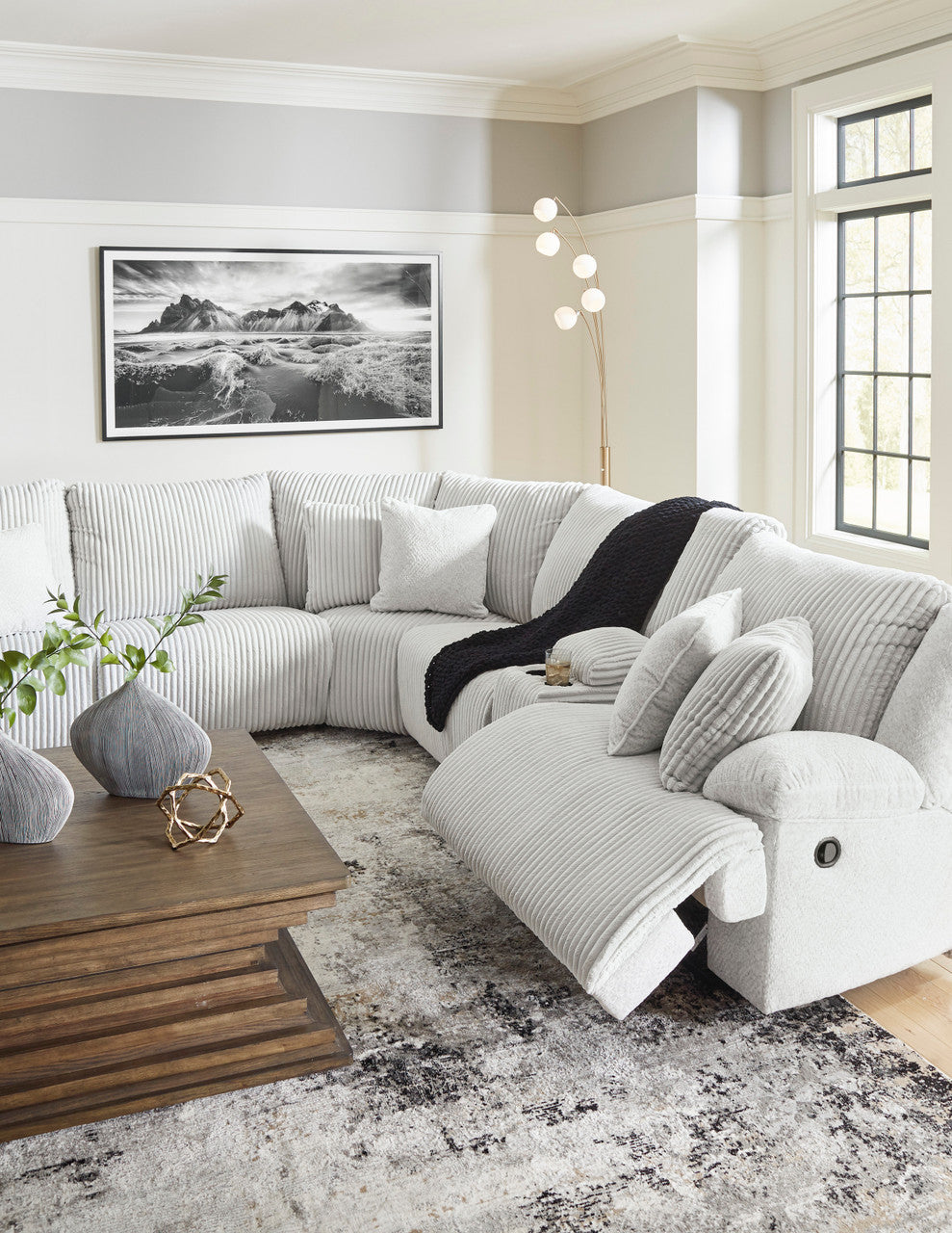 CORSICA Alloy Corduroy 144" x 130" Reclining Sectional with 3 Recliners