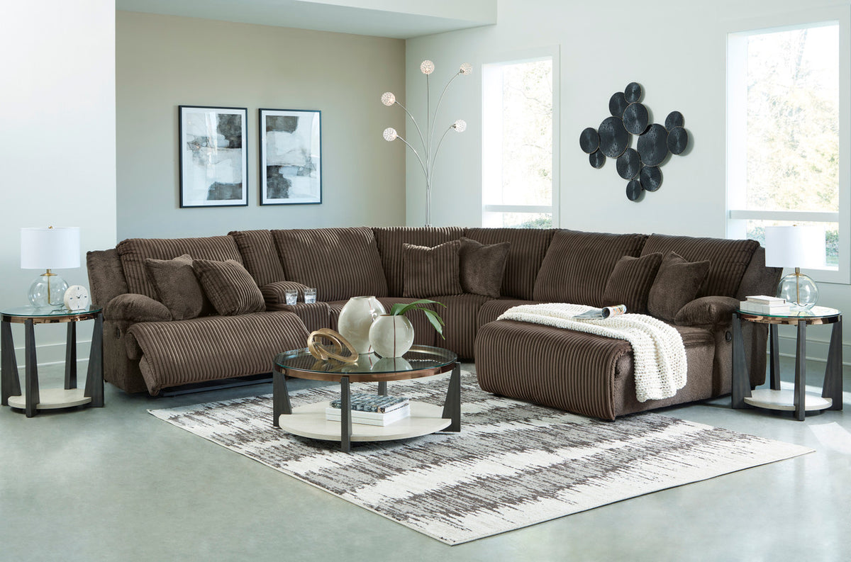 CORSICA Chocolate Corduroy 144" x 130" 6 Piece Reclining Sectional with 2 Recliners
