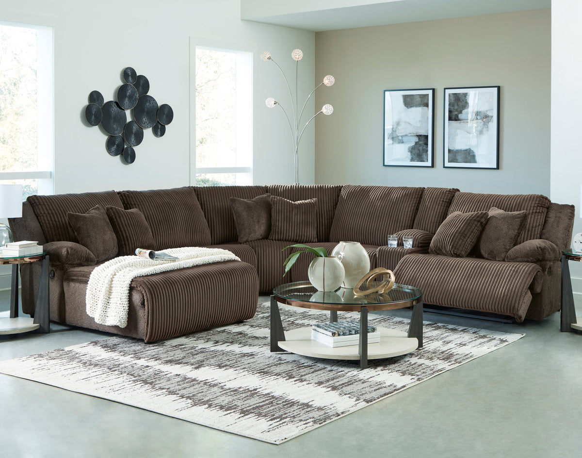 CORSICA Chocolate Corduroy 144" x 130" 6 Piece Reclining Sectional with 2 Recliners