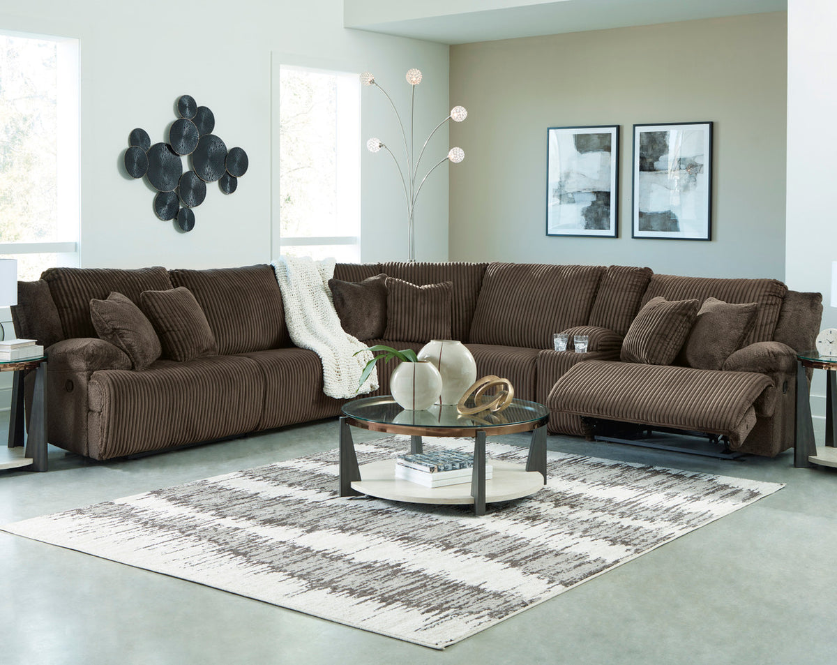 CORSICA Chocolate Corduroy 144" x 130" Reclining Sectional with 2 Recliners
