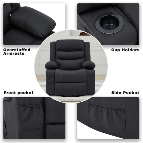 COVINA Black Polyester 36" Wide Swivel Rocker Recliner