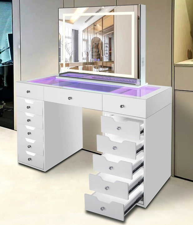 CLARISSA LED Vanity with Bluetooth Speakers & Lights in Drawers