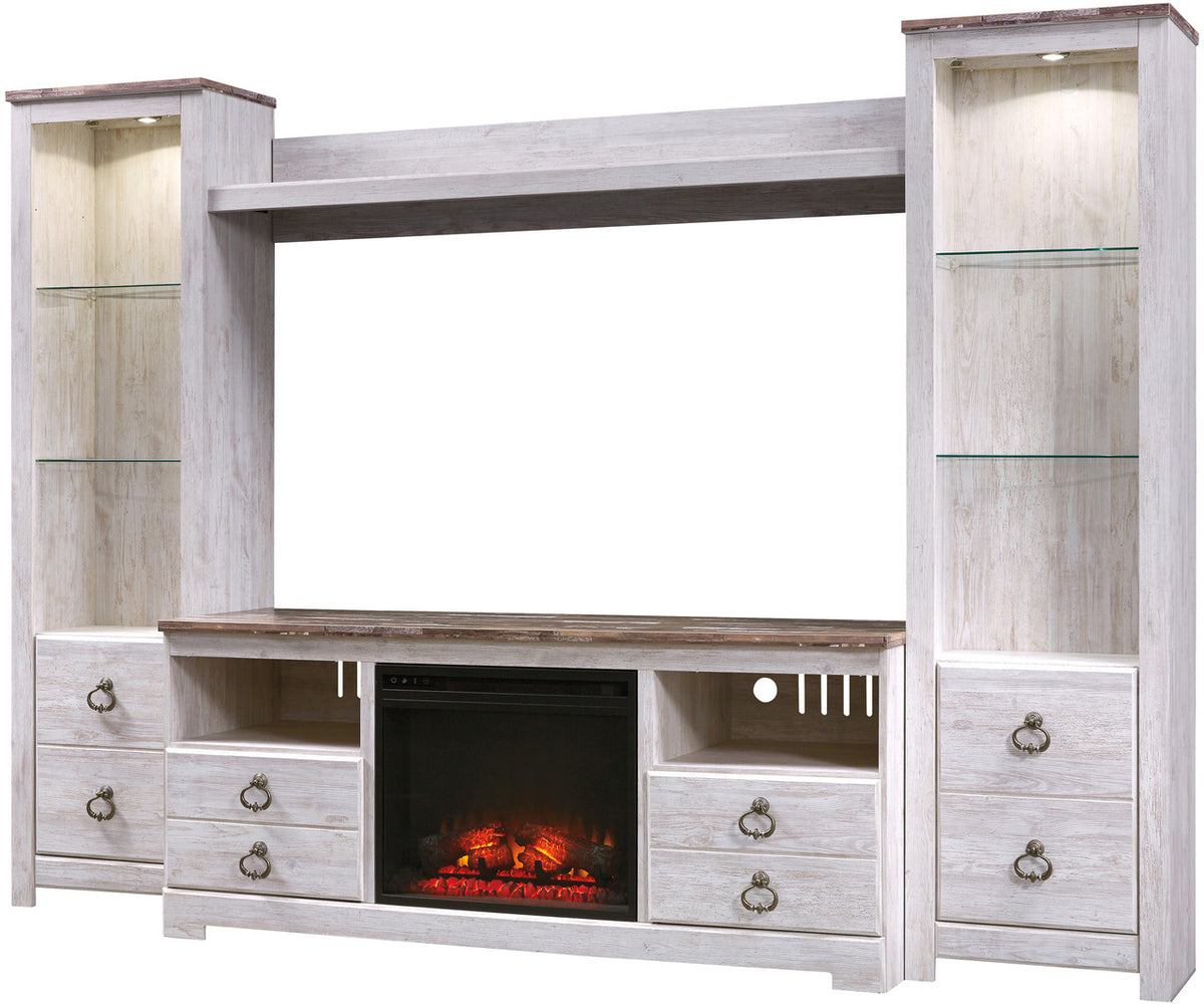 CRESTHILL White 105" Wide 4 Piece Wall Unit with Fireplace
