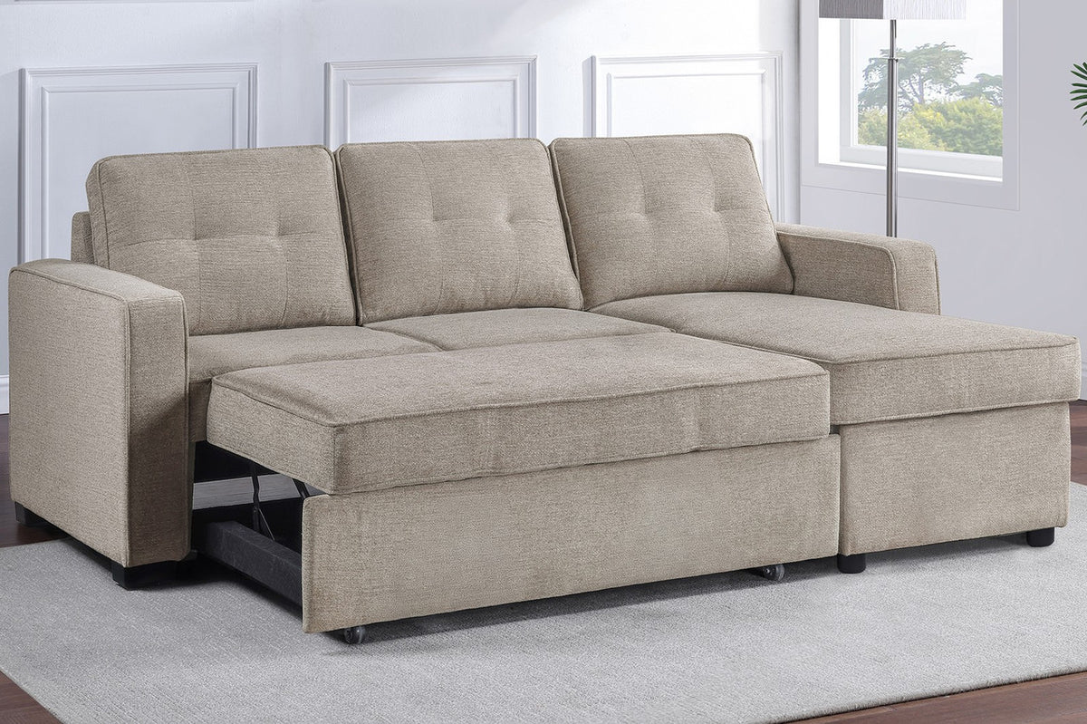 DAPHNE Light Brown Chenille 87" Wide Reversible Sectional with Pull-Out Sleeper & Storage (RTA)
