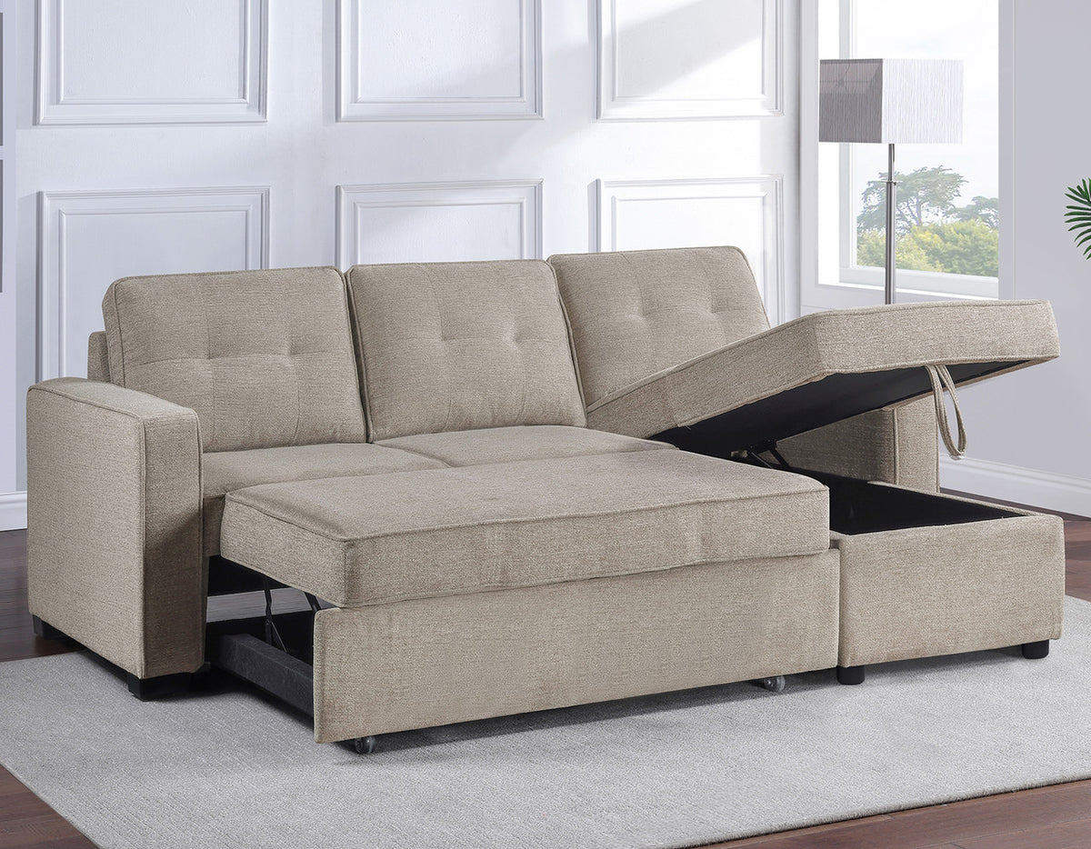 DAPHNE Light Brown Chenille 87" Wide Reversible Sectional with Pull-Out Sleeper & Storage (RTA)