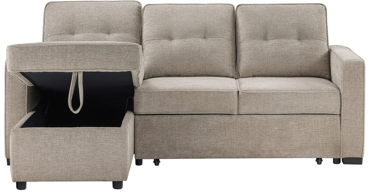 DAPHNE Light Brown Chenille 87" Wide Reversible Sectional with Pull-Out Sleeper & Storage (RTA)