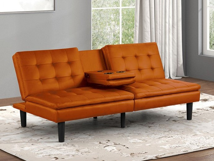 DARIAN Orange Leather 71" Wide Sofa Bed with Cupholders & USB