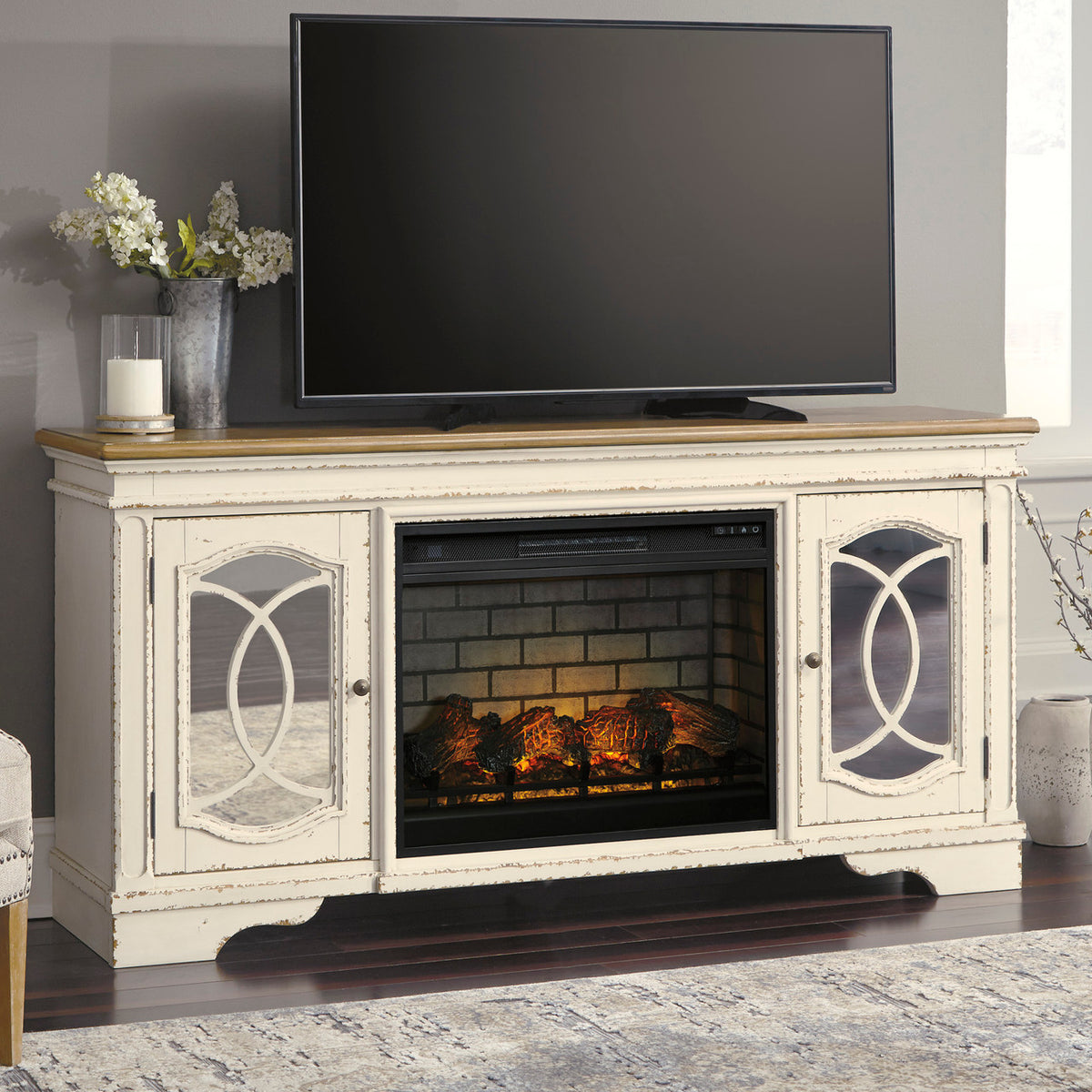 DELREY Antique White 74" Wide x 36" Height TV Stand with Fireplace