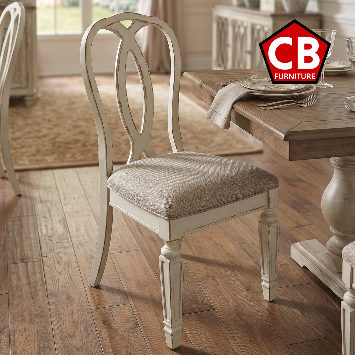 DELREY Distressed White 20" Wide Ribbon-Back Dining Chair