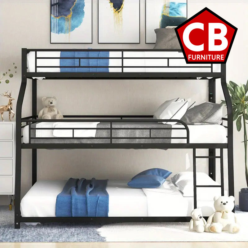 DOSKLY Black Twin over Full over Queen Triple Platform Bunk Bed