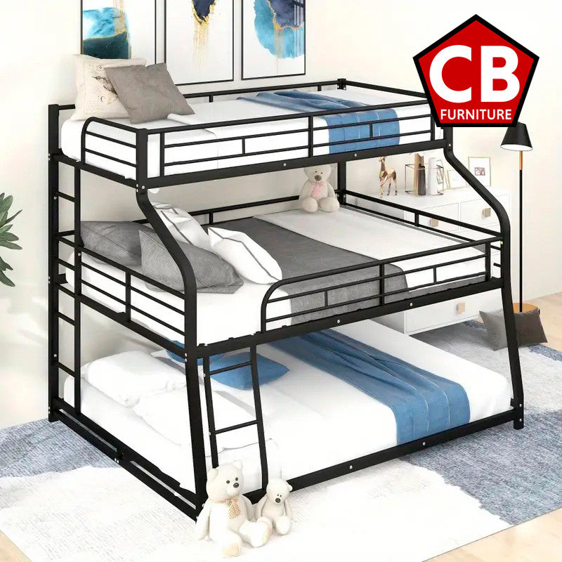 DOSKLY Black Twin over Full over Queen Triple Platform Bunk Bed