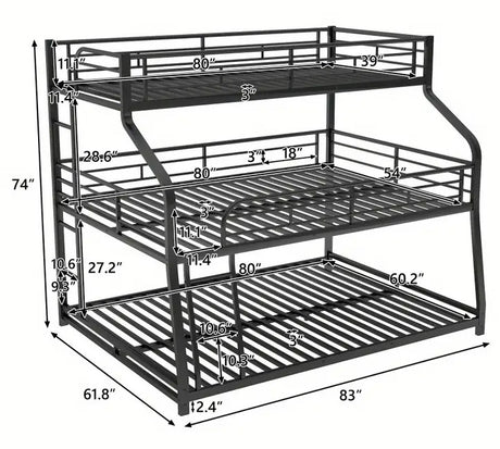 DOSKLY Black Twin over Full over Queen Triple Platform Bunk Bed