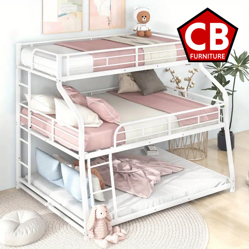 DOSKLY White Twin over Full over Queen Triple Platform Bunk Bed