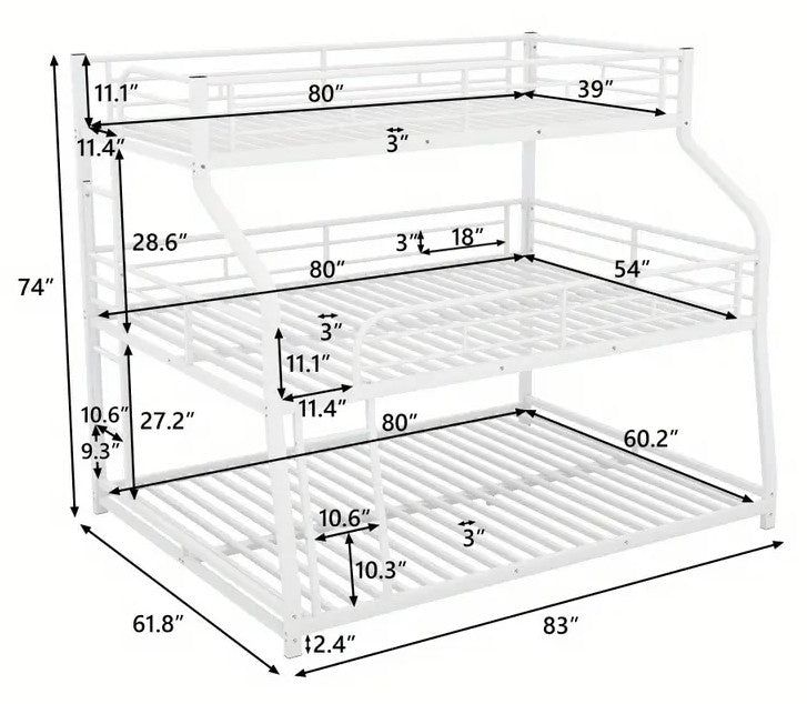 DOSKLY White Twin over Full over Queen Triple Platform Bunk Bed