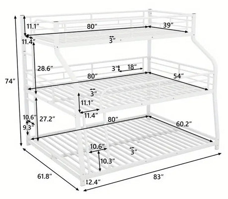 DOSKLY White Twin over Full over Queen Triple Platform Bunk Bed