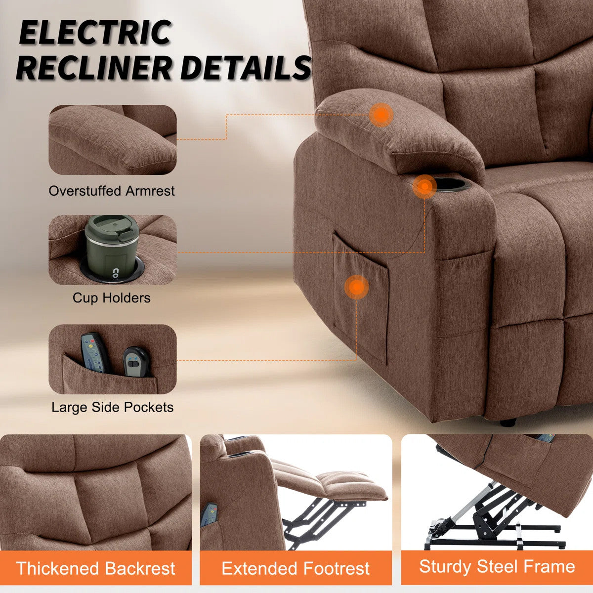 DUBOIS Brown Linen 34" Wide x 42" Height Power-Lift Recliner | with Vibration-Massage, Heating and Cupholders