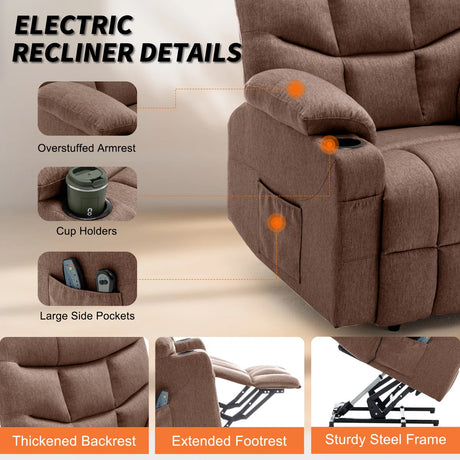 DUBOIS Brown Linen 34" Wide x 42" Height Power-Lift Recliner | with Vibration-Massage, Heating and Cupholders
