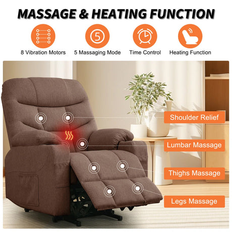 DUBOIS Brown Linen 34" Wide x 42" Height Power-Lift Recliner | with Vibration-Massage, Heating and Cupholders