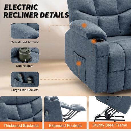 DUBOIS Blue Linen 34" Wide x 42" Height Power-Lift Recliner | with Vibration-Massage, Heating and Cupholders