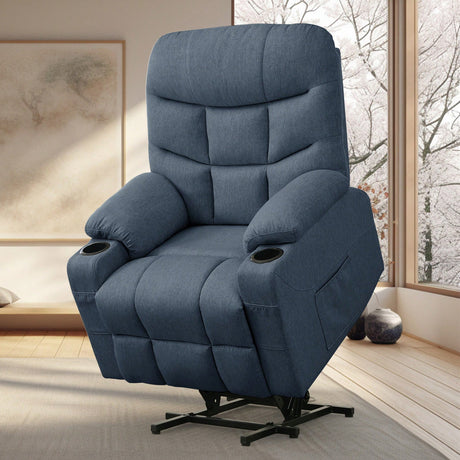 DUBOIS Blue Linen 34" Wide x 42" Height Power-Lift Recliner | with Vibration-Massage, Heating and Cupholders