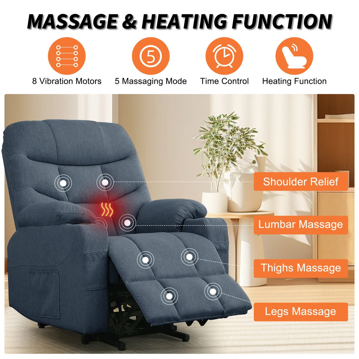 DUBOIS Blue Linen 34" Wide x 42" Height Power-Lift Recliner | with Vibration-Massage, Heating and Cupholders