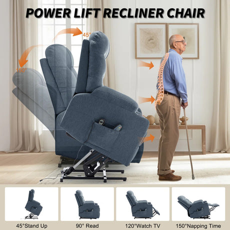 DUBOIS Blue Linen 34" Wide x 42" Height Power-Lift Recliner | with Vibration-Massage, Heating and Cupholders