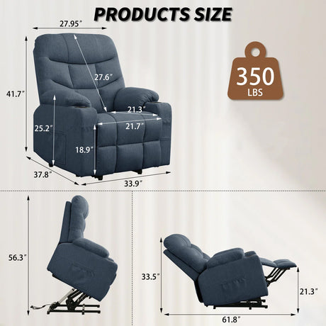 DUBOIS Blue Linen 34" Wide x 42" Height Power-Lift Recliner | with Vibration-Massage, Heating and Cupholders
