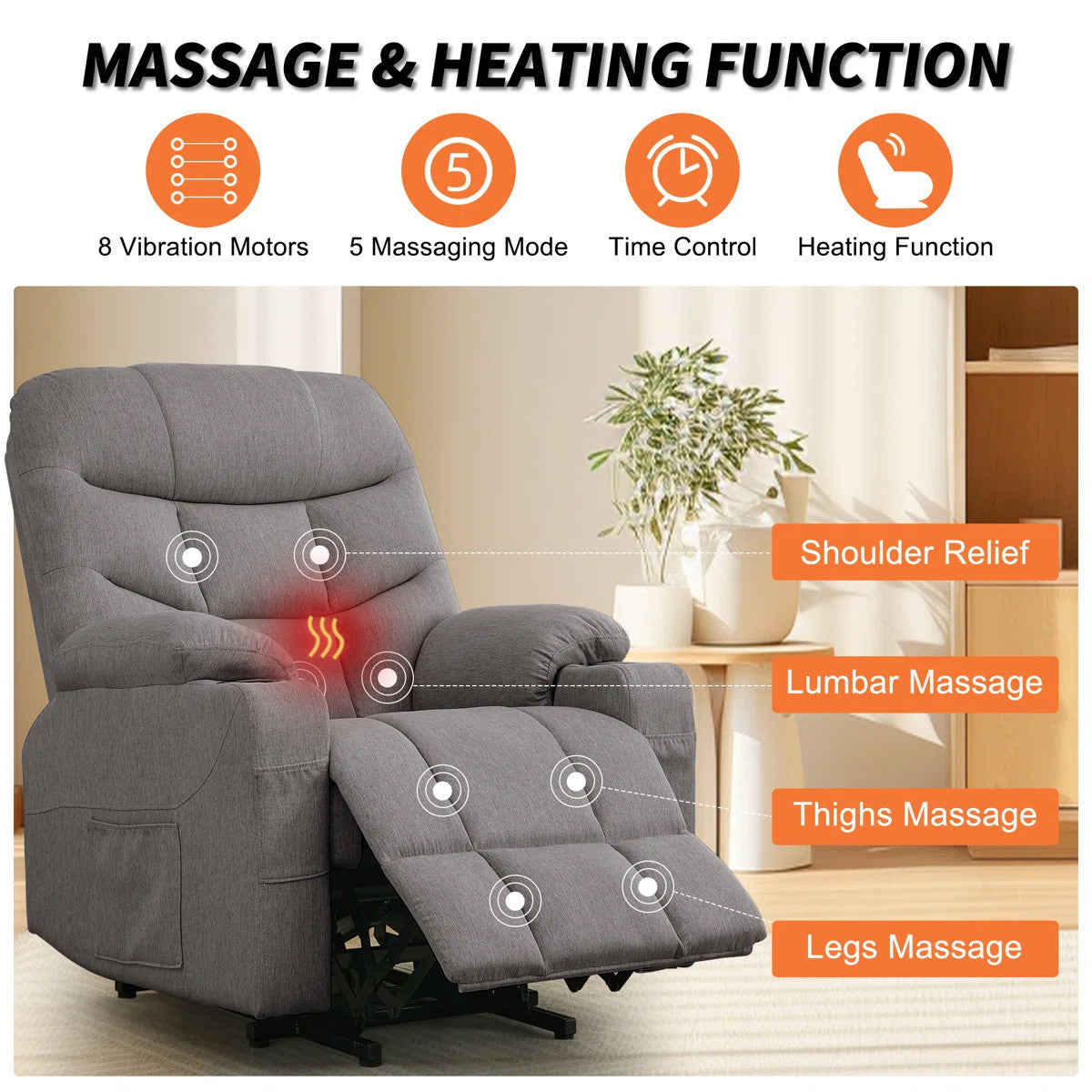 DUBOIS Gray Linen 34" Wide x 42" Height Power-Lift Recliner | with Vibration-Massage, Heating and Cupholders