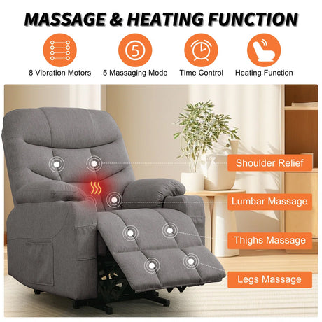 DUBOIS Gray Linen 34" Wide x 42" Height Power-Lift Recliner | with Vibration-Massage, Heating and Cupholders